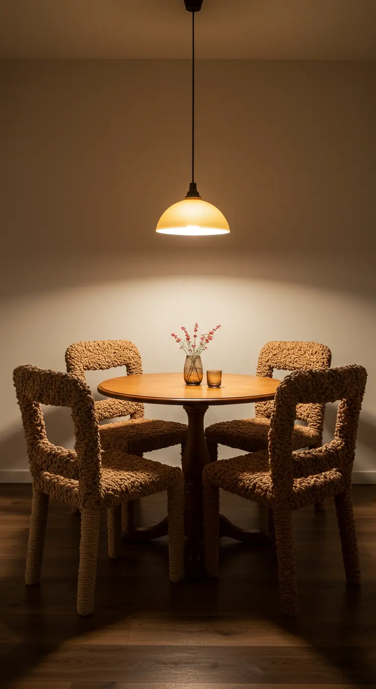 Eetkamer met beige bouclé stoelen, ronde houten tafel en warme hanglamp.