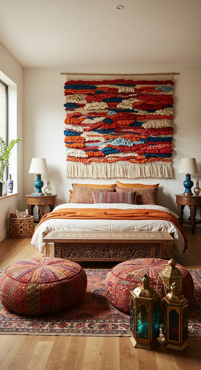 Kleurrijk geweven wandkleed boven een bed in een slaapkamer met etnische invloeden.