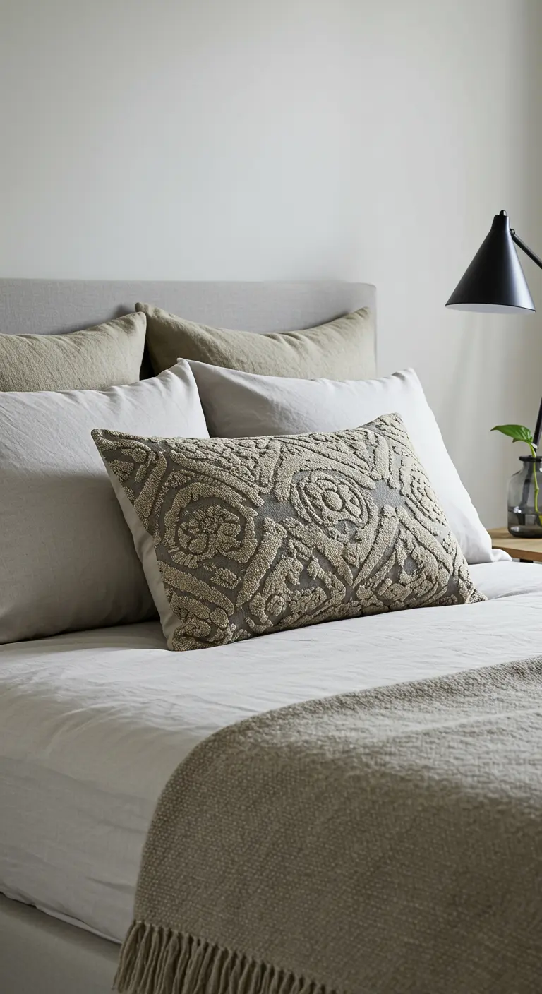 Wit bed met een groot beige sierkussen met reliëfpatroon en een beige bedloper.