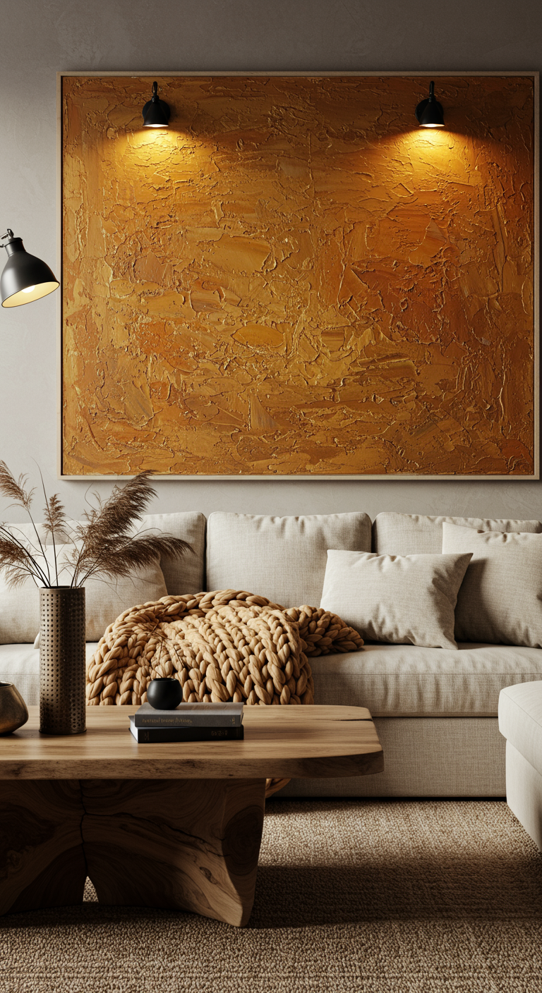 Woonkamer met een groot, monochroom okergeel textuurschilderij boven een beige bank, aangelicht door spots.