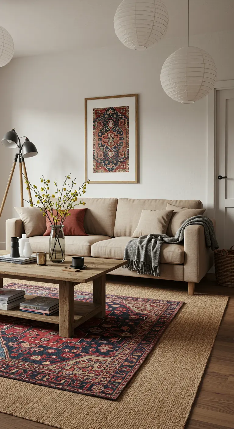Woonkamer met gelaagde vloerkleden: een groot jute kleed met Perzisch tapijt erop.