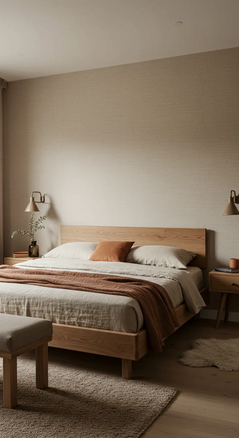 Slaapkamer met beige getextureerde muur, houten bed en beddengoed in aardetinten.