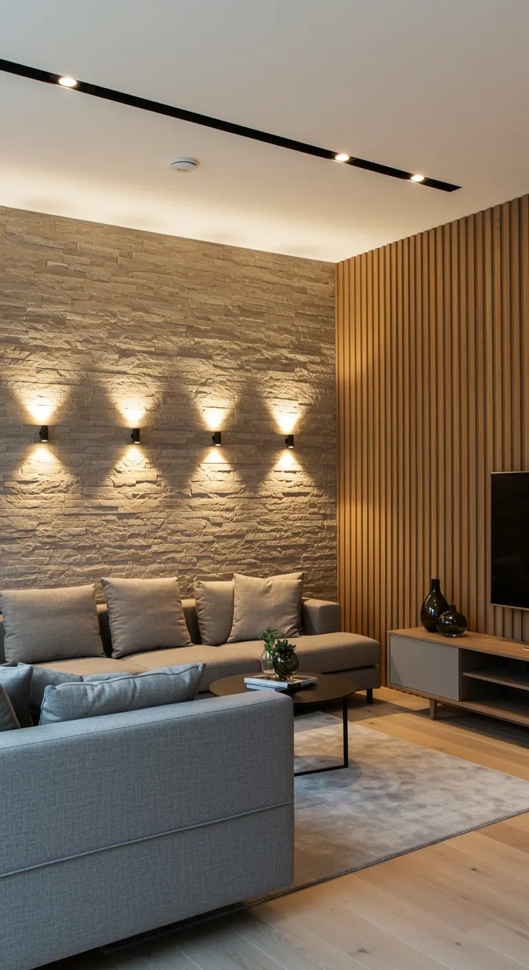Moderne woonkamer met een accentmuur van steenstrips, verlicht door vier wandlampen.
