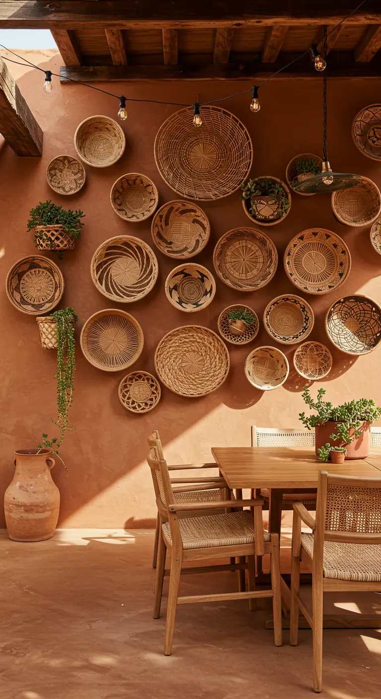 Terracotta-kleurige buitenmuur gedecoreerd met diverse geweven manden en schalen.