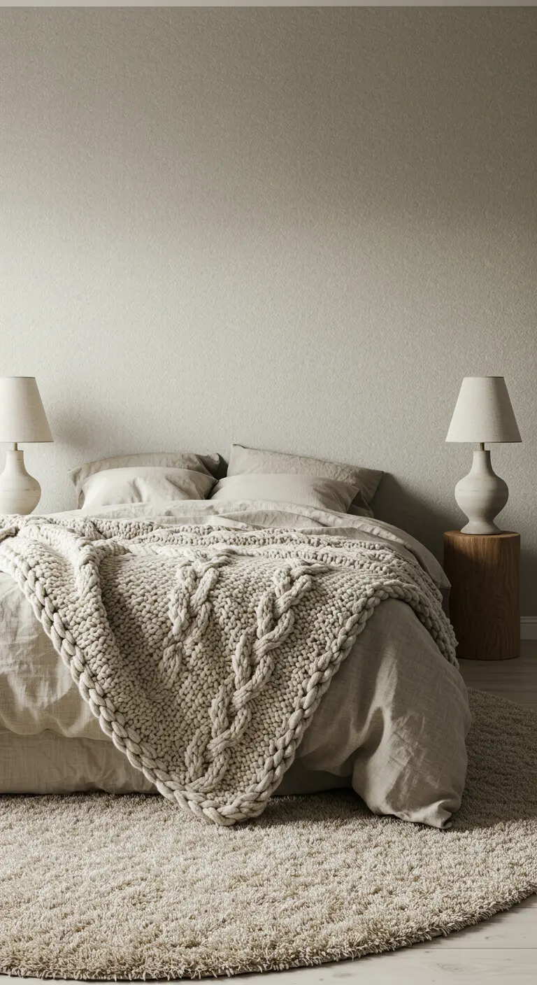 Knusse slaapkamer met ronde lampen, boomstam bijzettafel en chunky knit deken.
