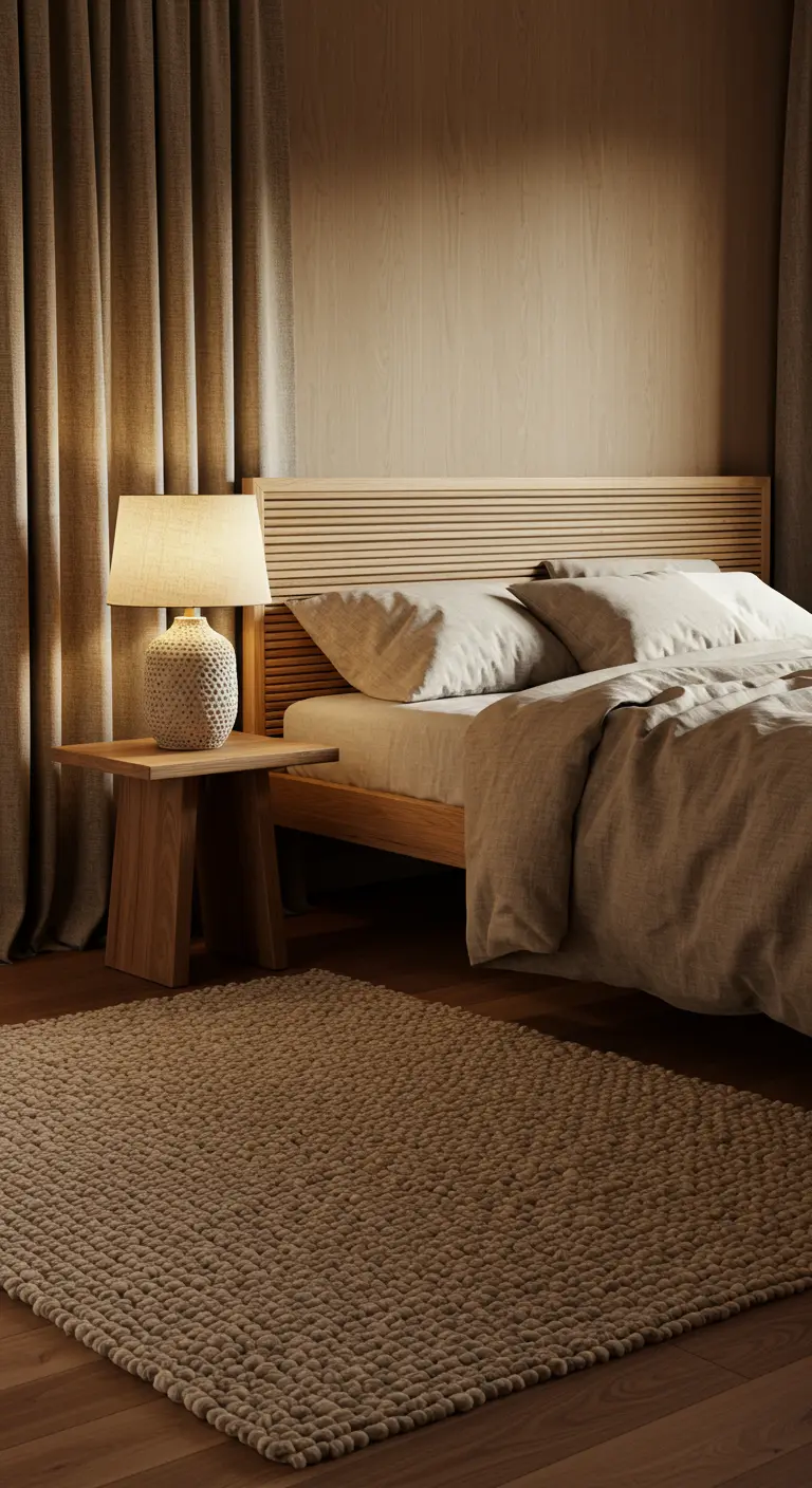 Japandi slaapkamer met houten lattenwand, textuurrijke lamp en gebreid kleed.