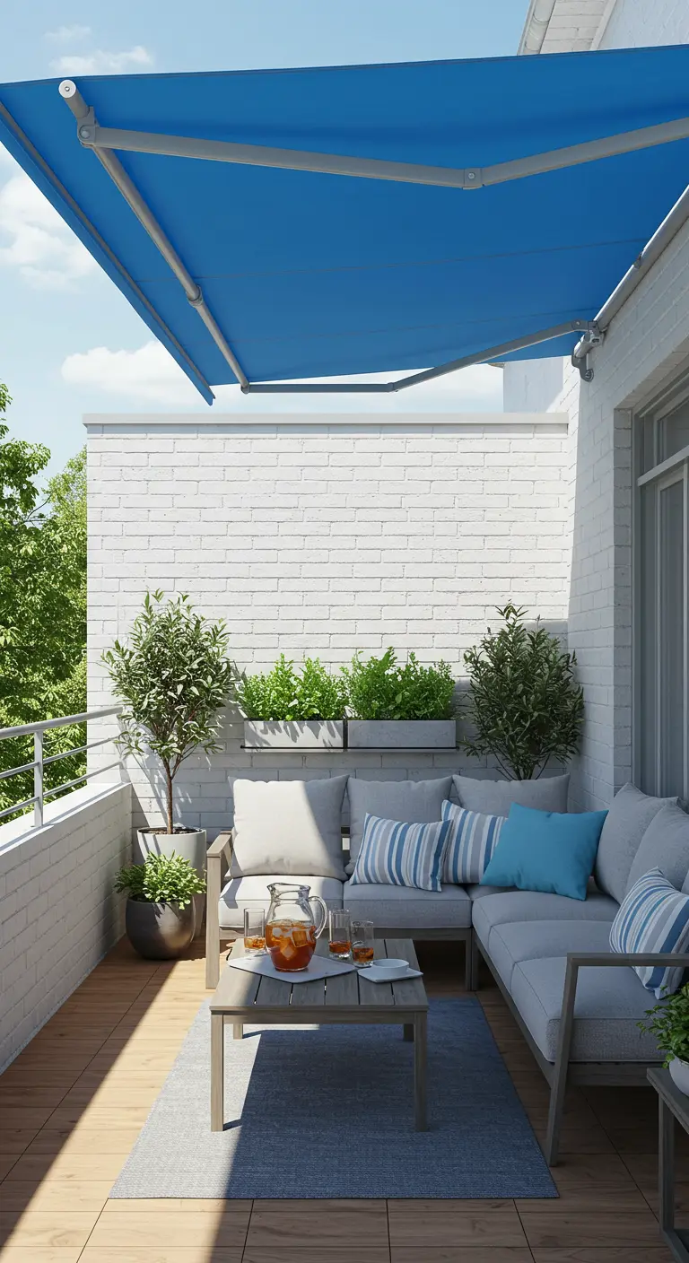 Balkon met witte bakstenen muur, blauw zonnescherm en grijze loungebank.