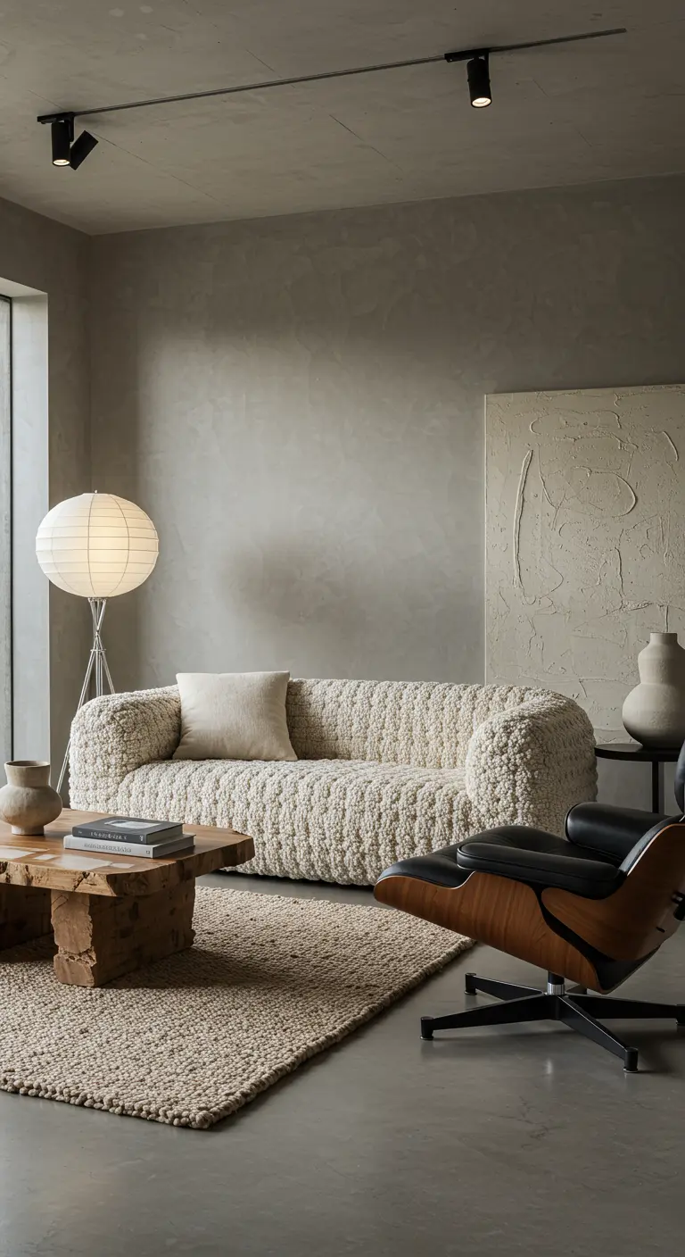 Minimalistische woonkamer met bouclé bank, beton ciré muur, jute kleed en design fauteuil.