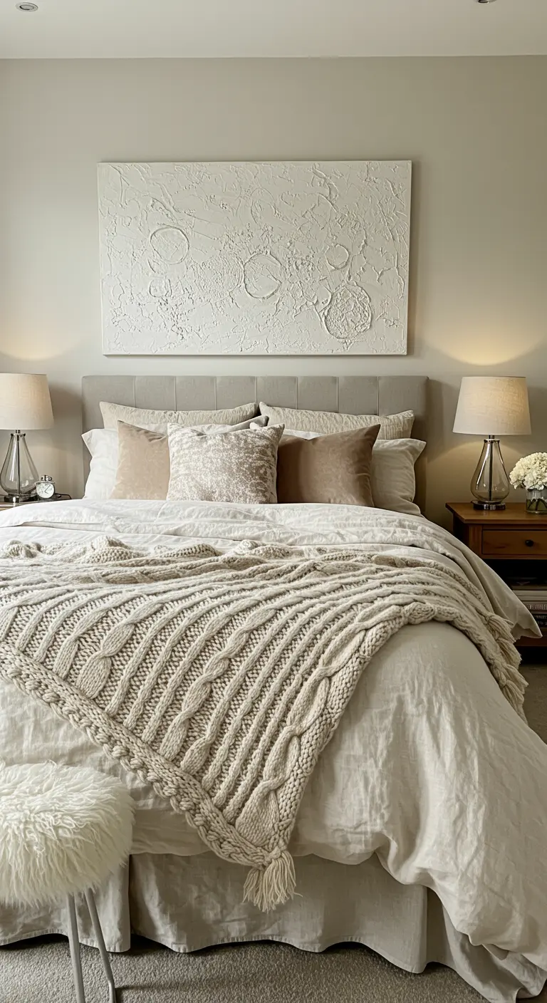 Neutrale slaapkamer met veel textuur, zoals een chunky gebreid plaid en structuurschilderij.