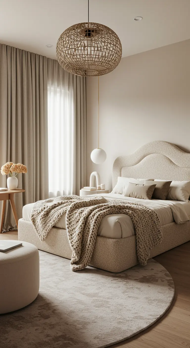 Naturel slaapkamer met een grote rotan hanglamp en een chunky gebreid plaid op bed.