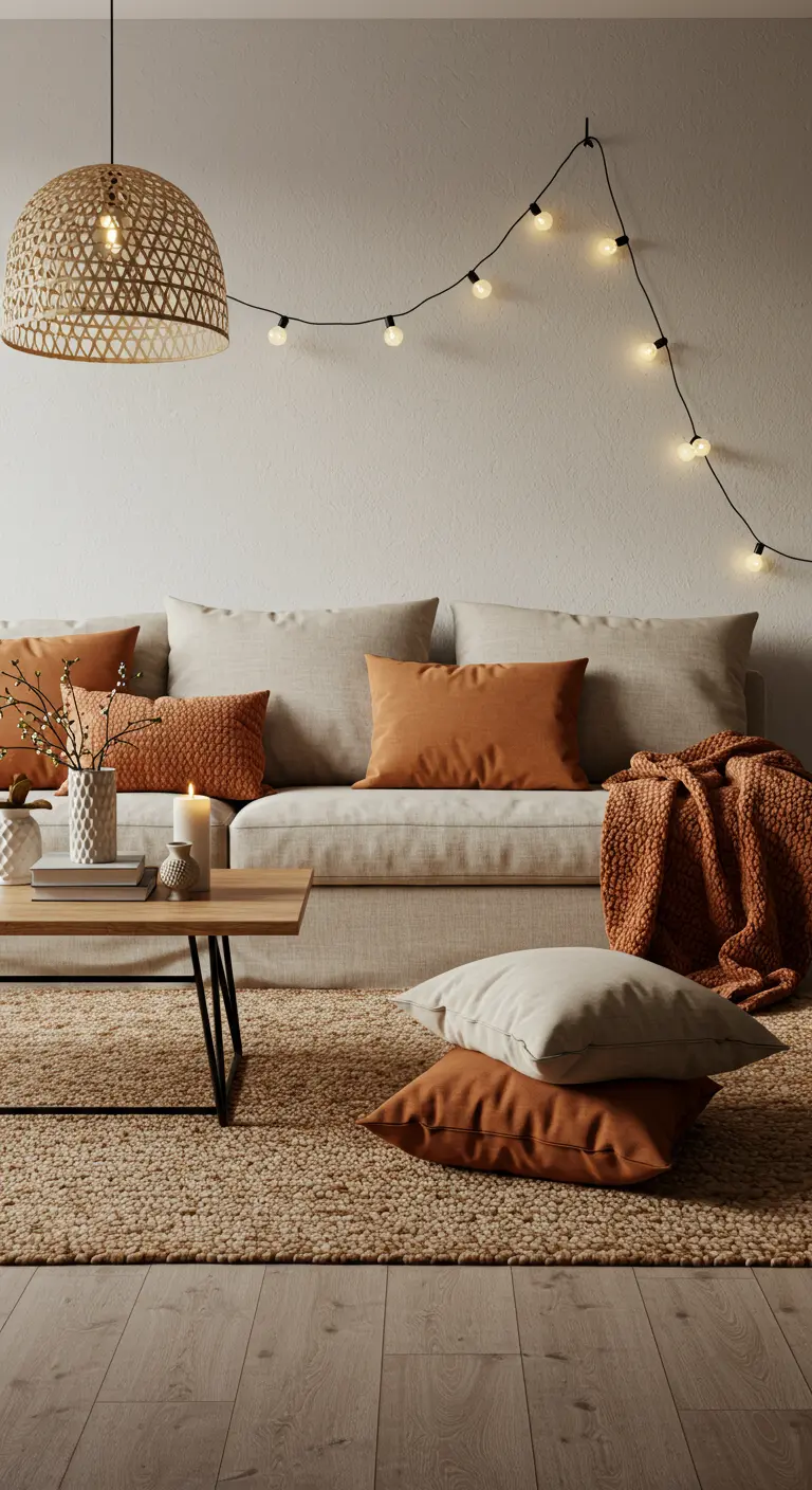 Beige bank met oranje kussens, rotan hanglamp en een lichtsnoer aan de muur.