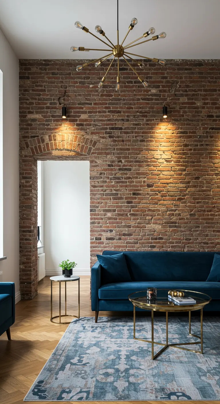 Woonkamer met bakstenen muur, blauwe fluwelen bank en sputnik kroonluchter.