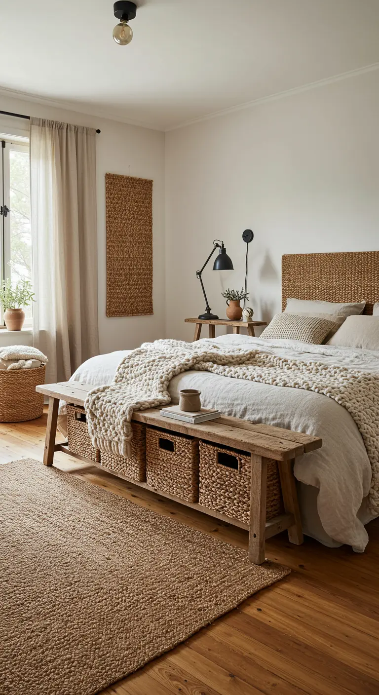 Slaapkamer met geweven hoofdbord, chunky sprei en rieten opbergmanden.