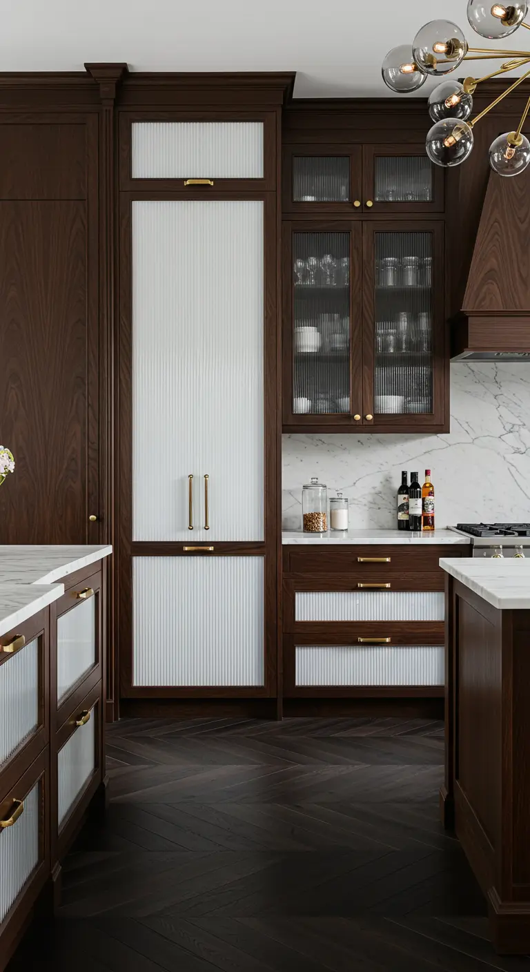 Donkerhouten keuken met wit marmeren achterwand en bovenkasten met geribbeld glas.