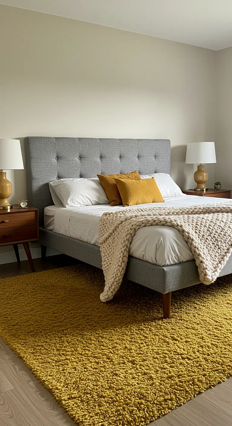 Slaapkamer met grijs gestoffeerd bed, okergeel shaggy vloerkleed en walnoothouten nachtkastjes.