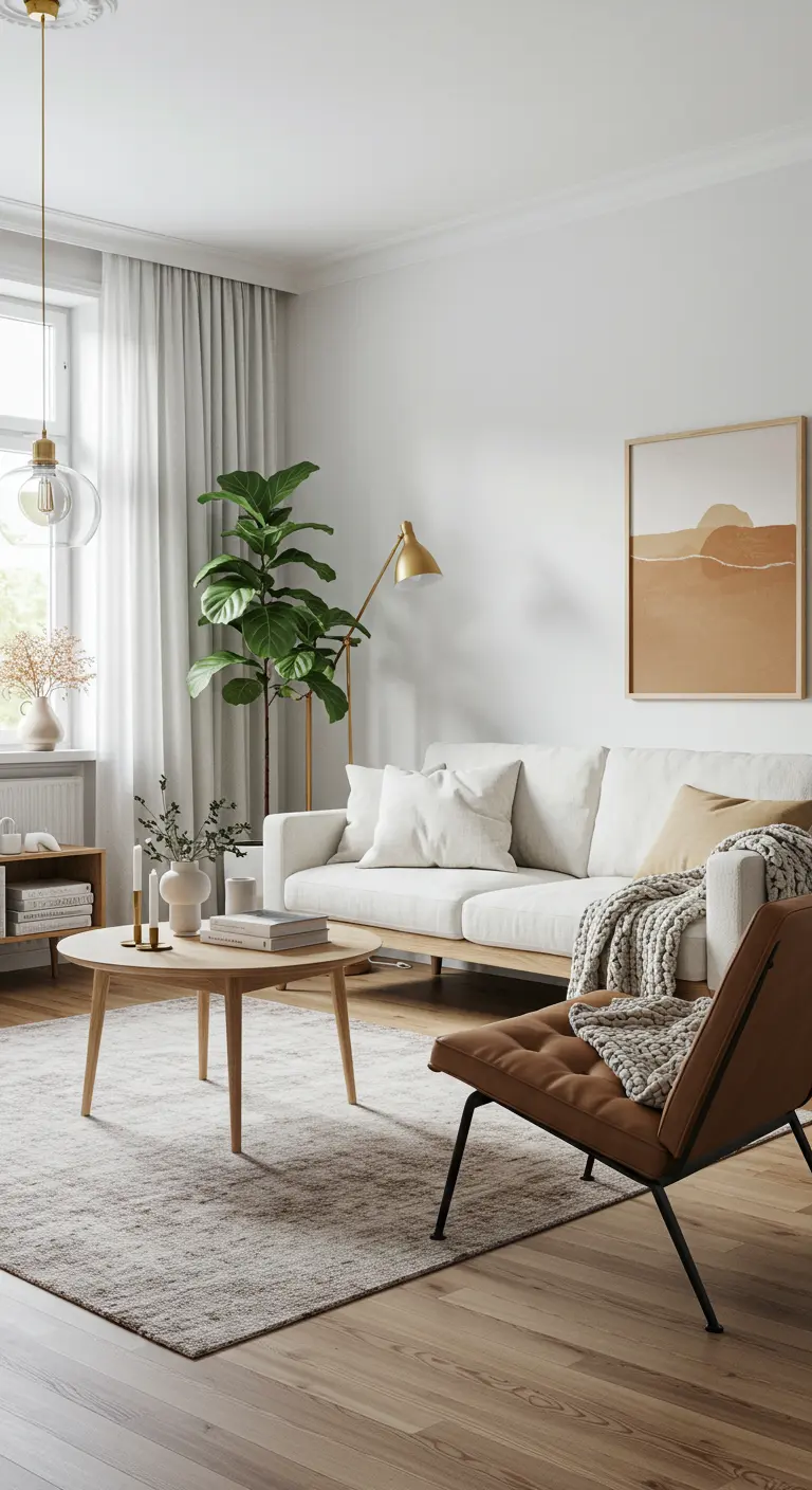 Lichte woonkamer met witte bank, houten salontafel en grote groene plant.