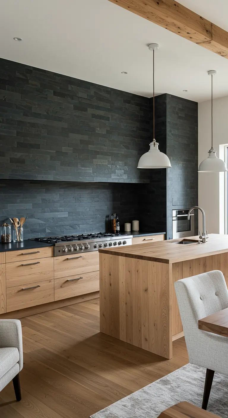 Keuken met een donkere leisteen accentmuur, houten kasten en een licht houten eiland.