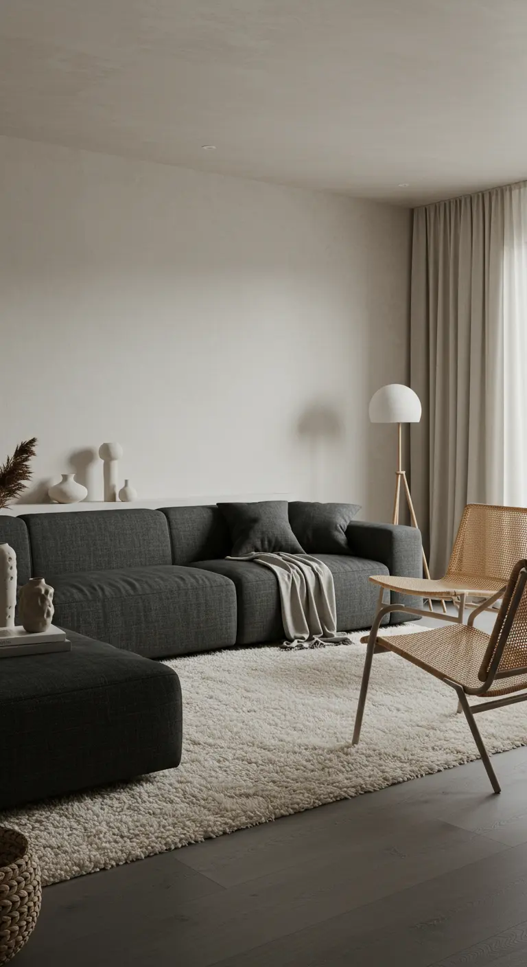 Grijze woonkamer met pluizig vloerkleed, modulaire bank en houten stoel.