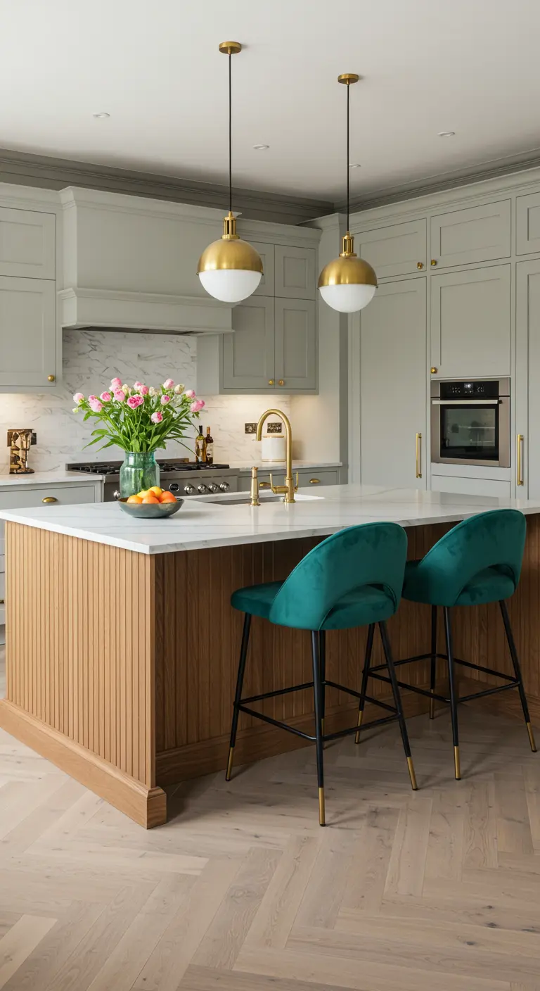 Elegante keuken met geribbelde houten kookeiland, groene fluwelen barkrukken en gouden hanglampen.