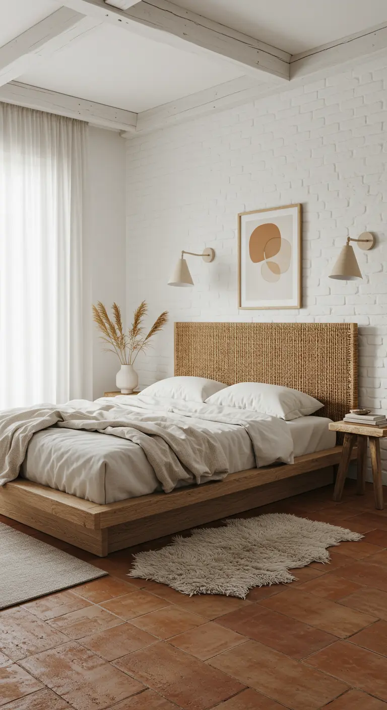 Slaapkamer met witte bakstenen muur, rotan hoofdbord, abstracte kunst, terracotta vloer.