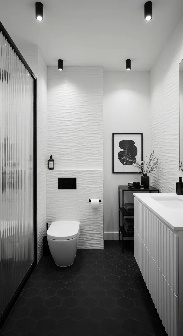 Zwart-witte badkamer met textuurwand, geribbelde douchewand en wastafelmeubel.
