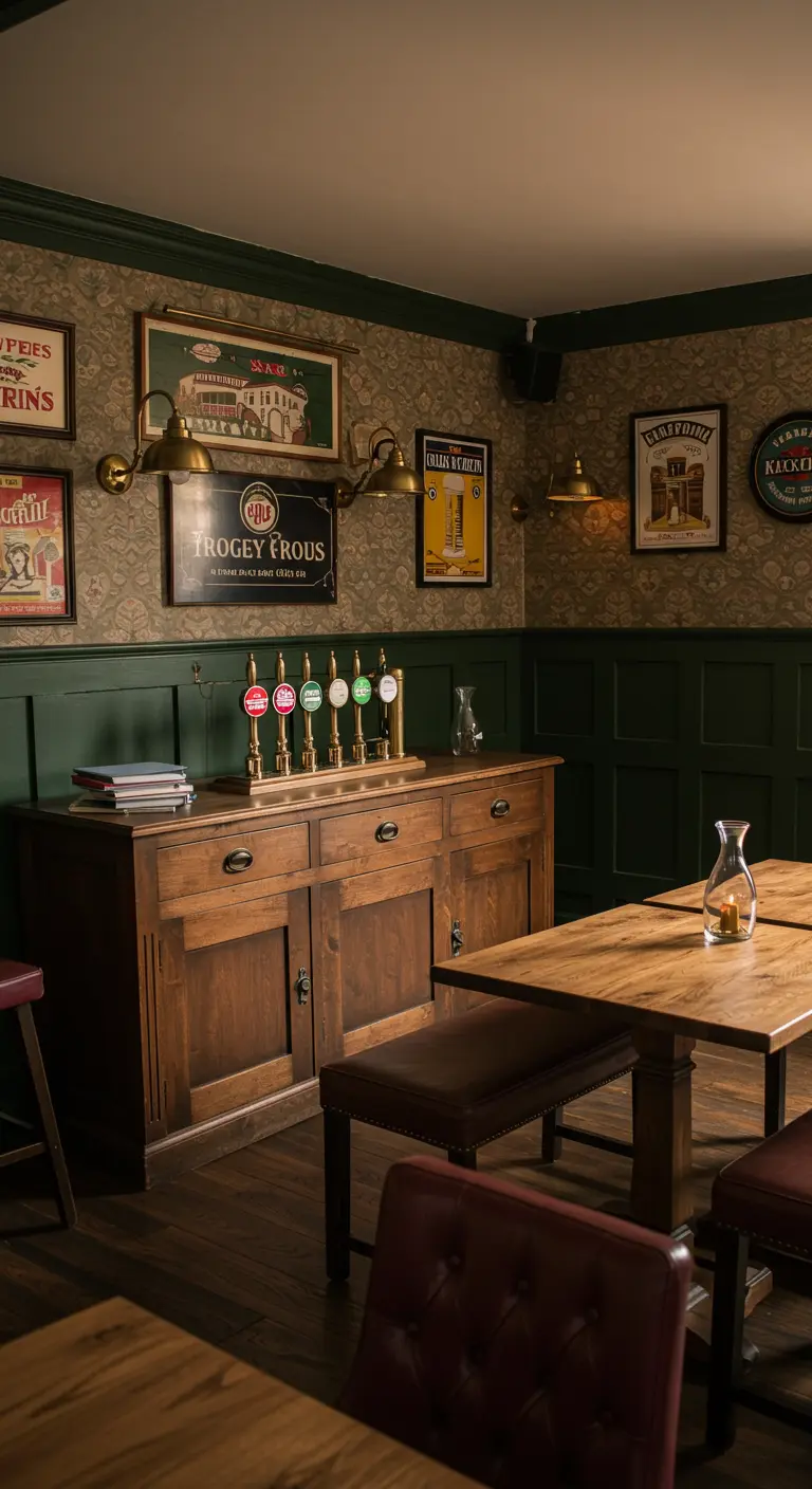 Gezellige Engelse pub sfeer met donker hout, vintage signs en warme verlichting.