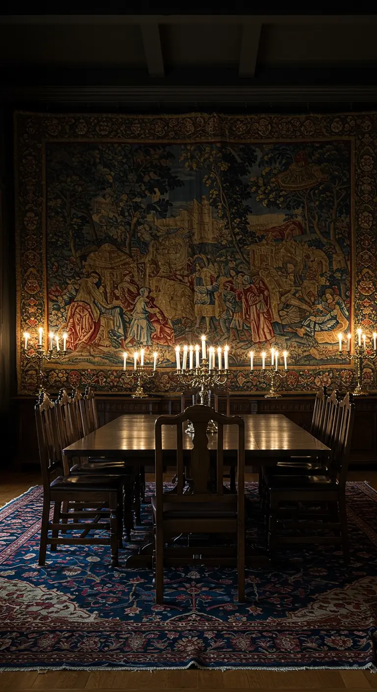 Grandioze eetkamer met historisch wandtapijt, Perzisch tapijt en veel kaarslicht.
