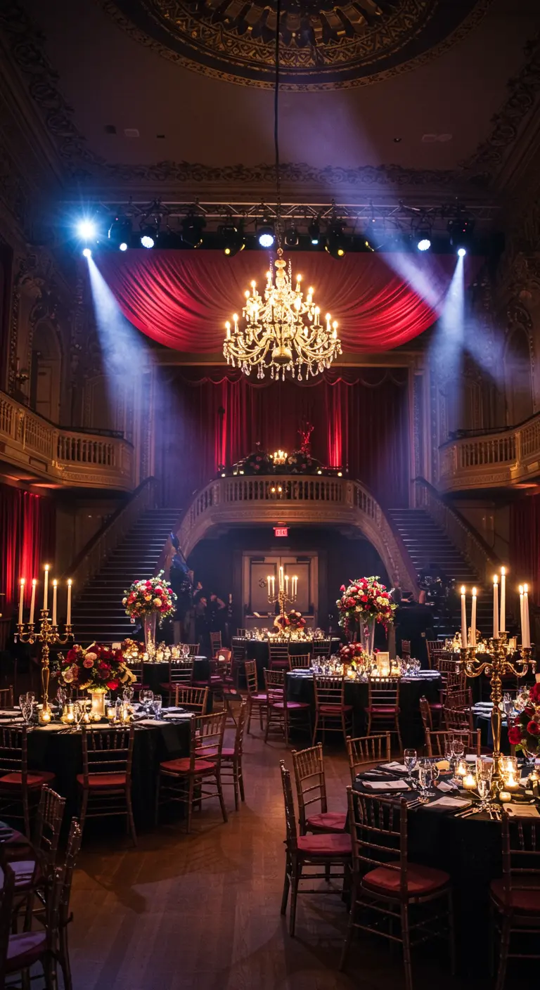 Theatrale bruiloftsreceptie met rode fluwelen gordijnen, kroonluchter en spotlights.