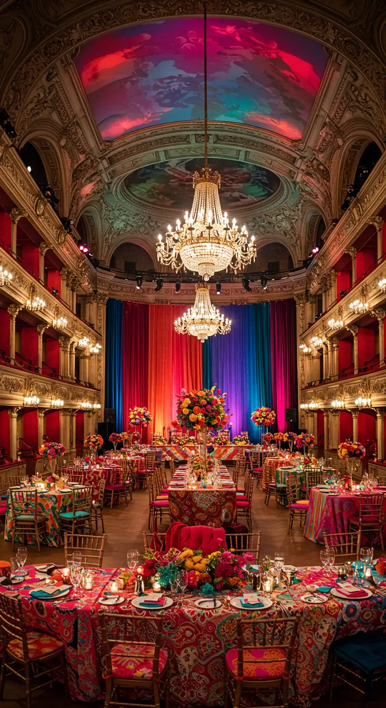 Grote, opulente zaal met een regenboog aan verticale drapes, kleurrijke tafels en bloemen