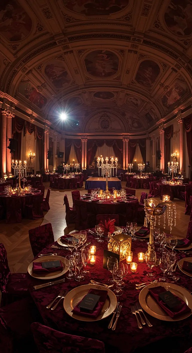 Luxe feestzaal met rode fluwelen tafelkleden, gouden kandelaars en dramatische verlichting.