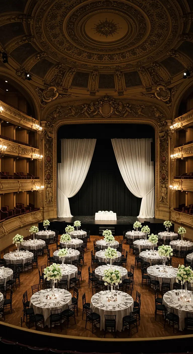 Elegante theaterzaal met ronde tafels in zwart-wit, gedecoreerd met hoge witte bloemstukken.