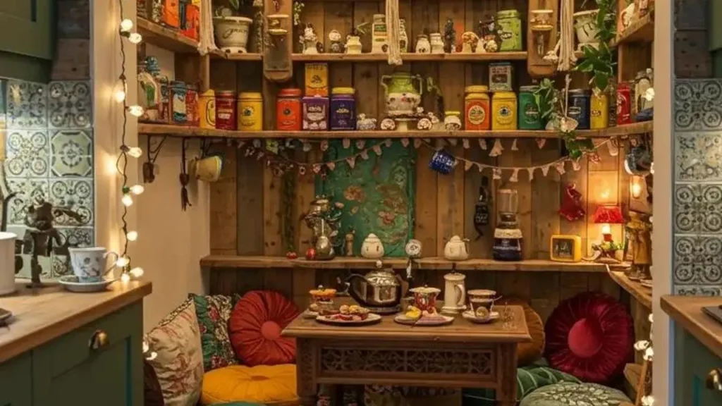 Gezellig ingericht theehoekje in de keuken, met theepot, kopjes en decoratieve elementen voor ontspanning.