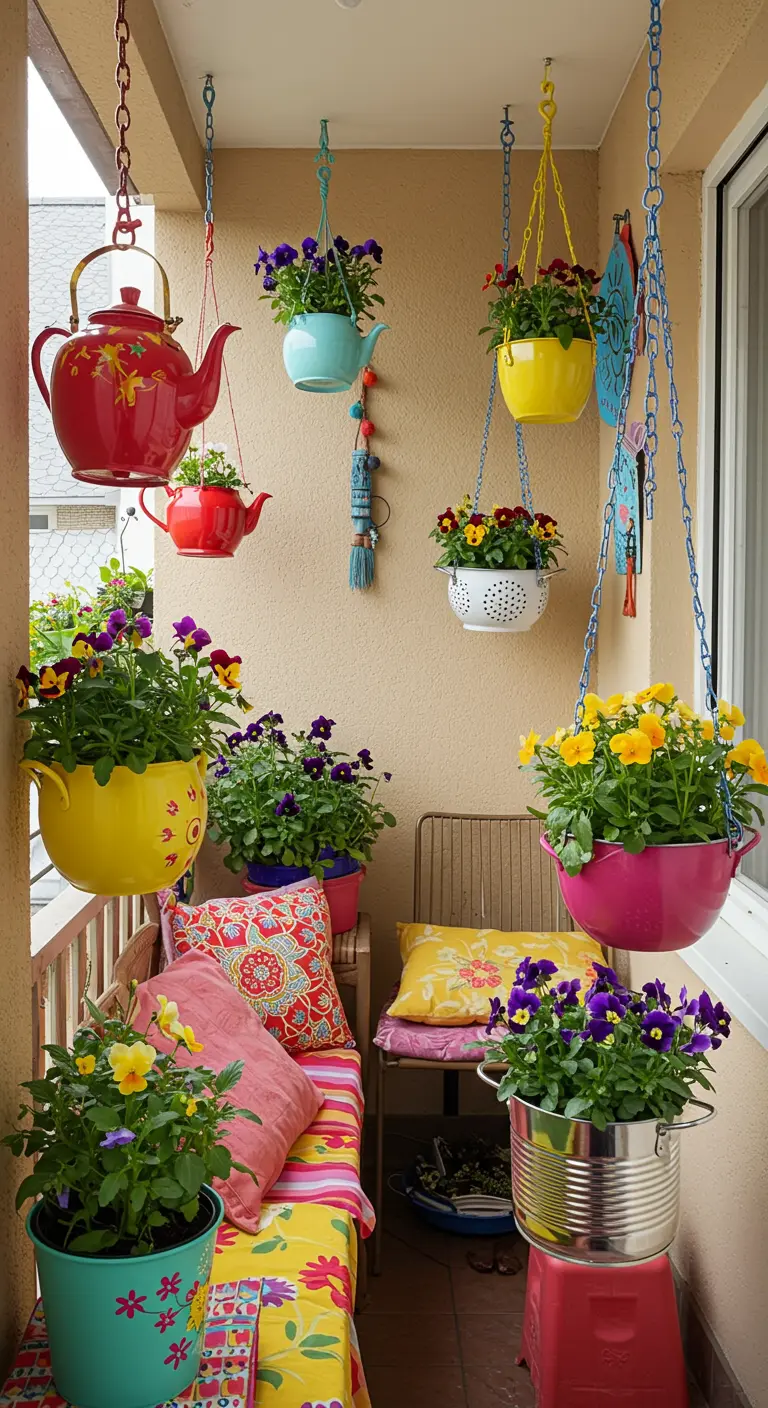 Kleurrijke hangende theepotten en emmers met bloemen op een vrolijk balkon.