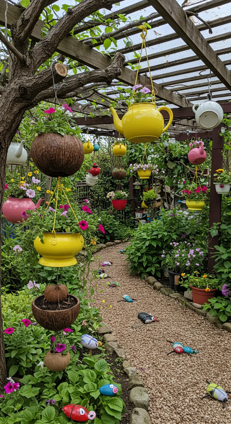 Tuin met hangende plantenbakken gemaakt van oude theepotten en kokosnoten.