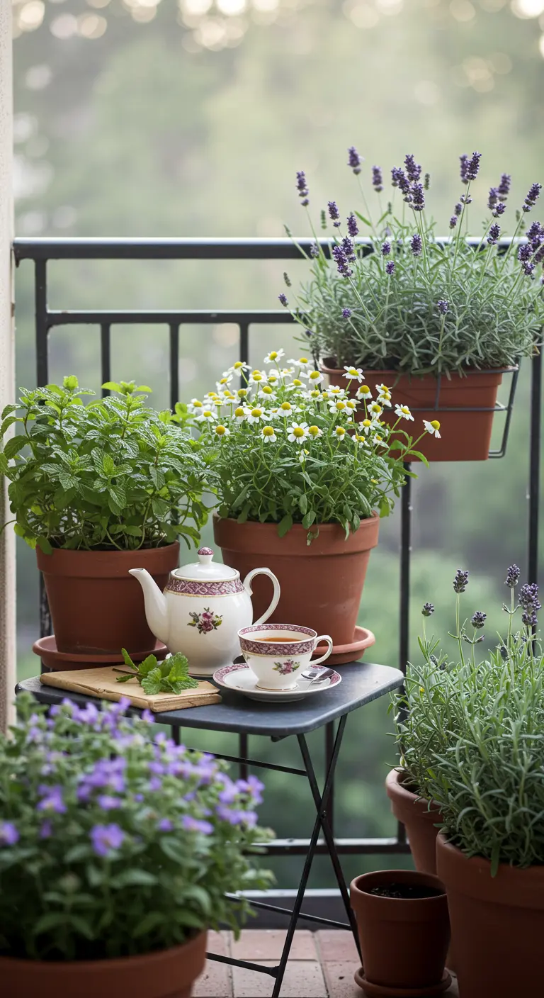 Balkonsetting met een tafeltje, theeservies en potten met lavendel, munt en kamille.
