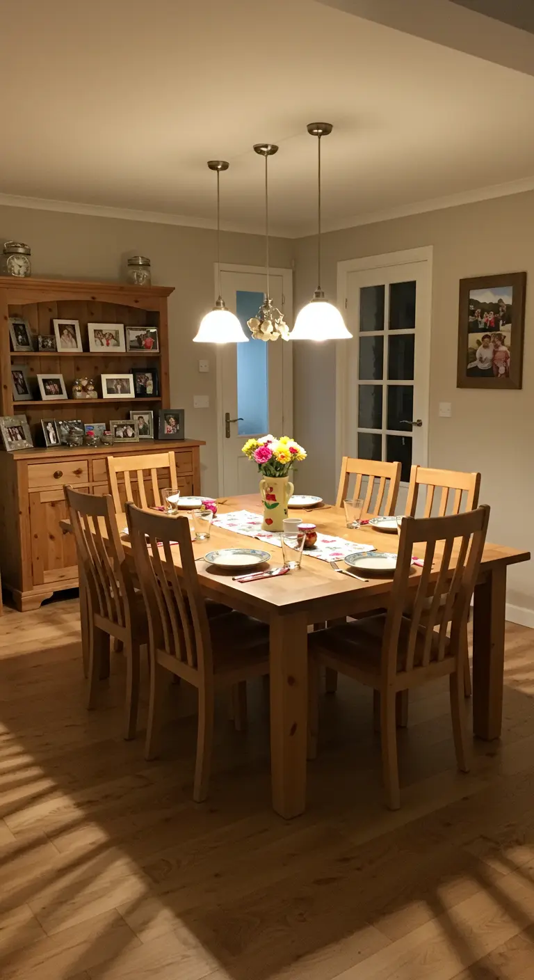 Traditionele eethoek met houten meubels, buffetkast en warme verlichting.