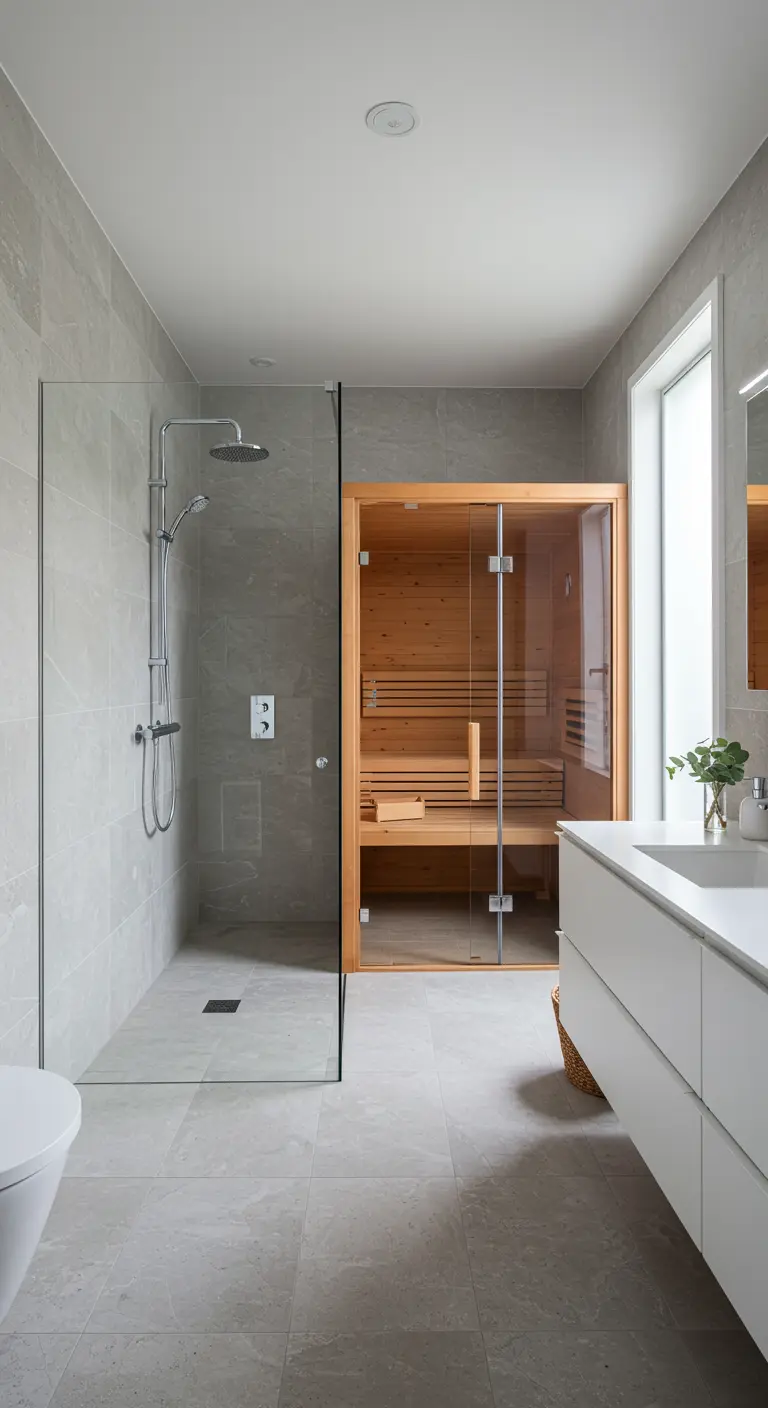 Moderne badkamer met inloopdouche naast een houten sauna, grijze tegels.