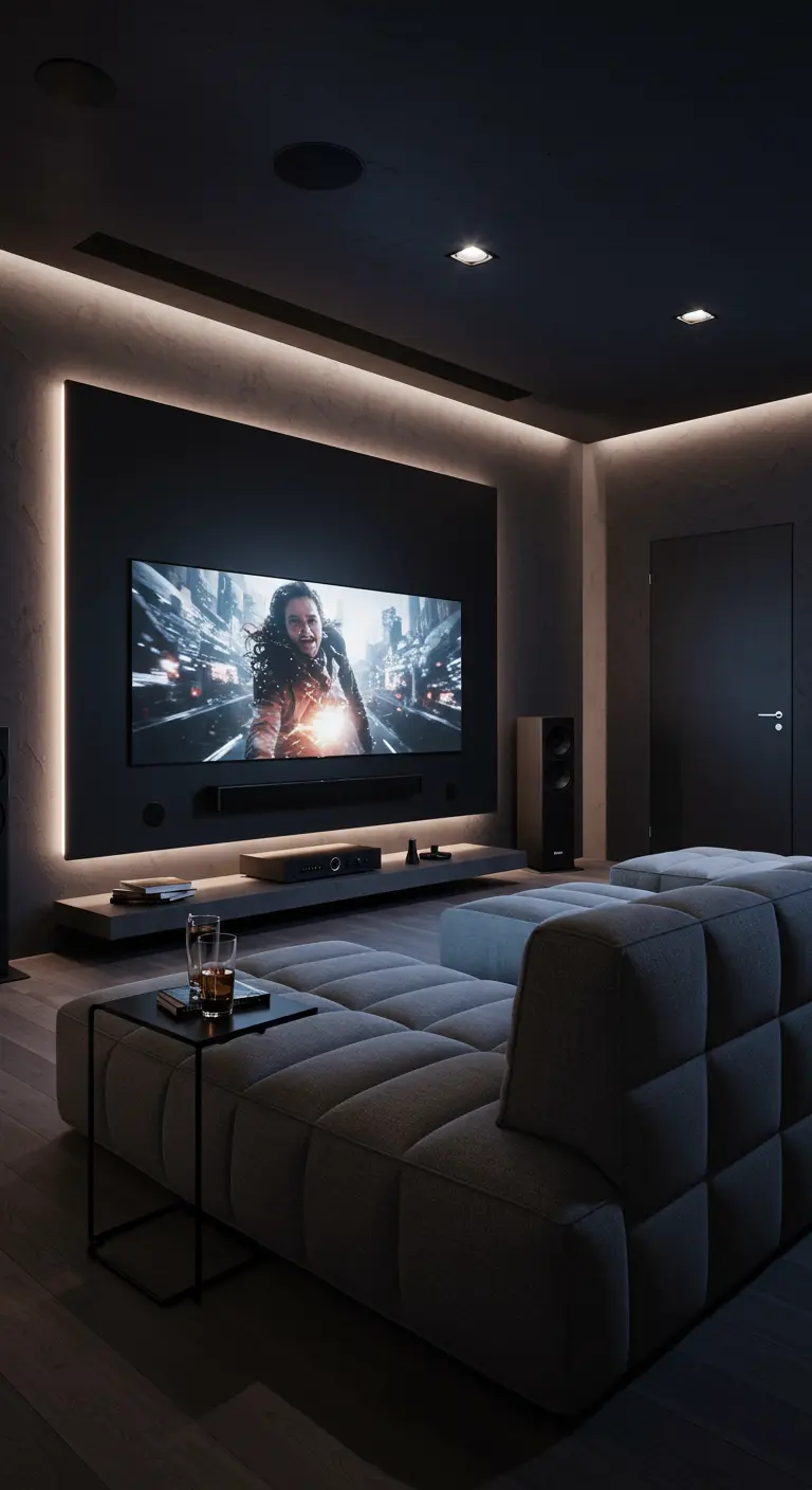 Moderne thuisbioscoop met een grote grijze loungebank en een groot scherm.
