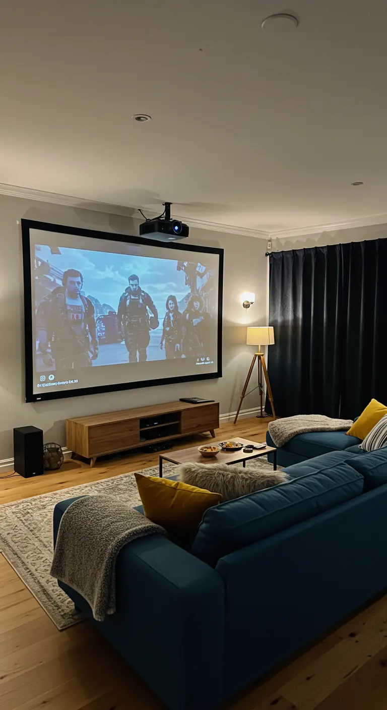 Woonkamer ingericht als thuisbioscoop met groot projectiescherm en comfortabele bank.