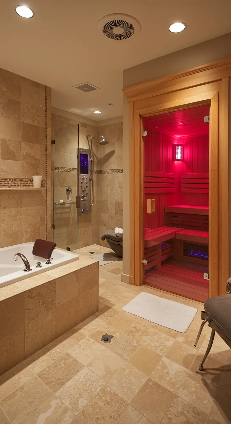 Luxe badkamer met travertin tegels, ingebouwd bad en een thuis-sauna met rode verlichting.