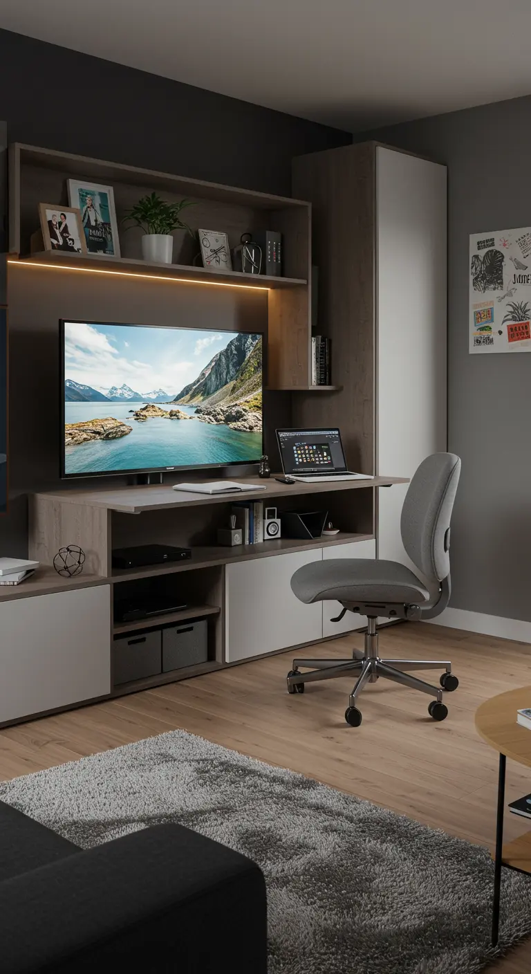 Multifunctionele TV-hoek met geïntegreerd bureau en opbergruimte.