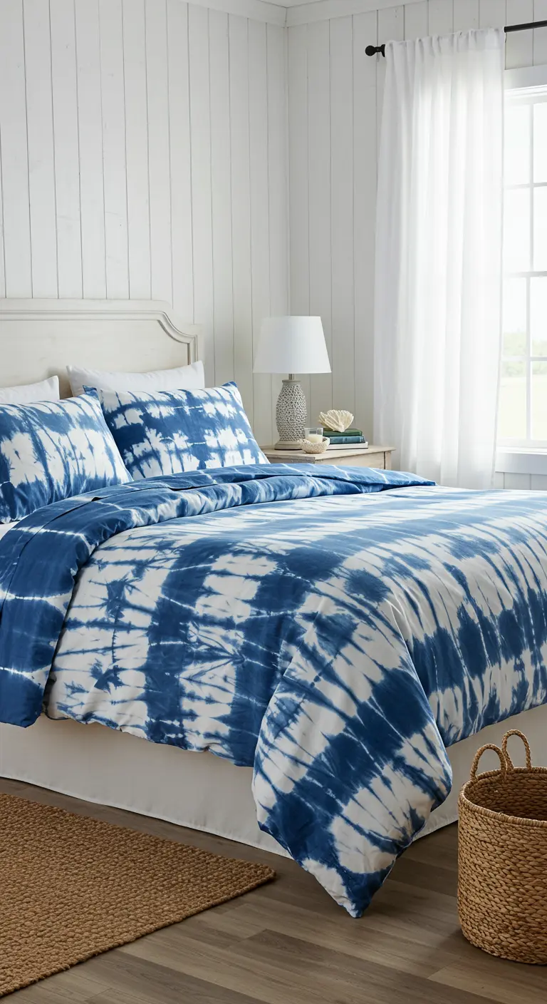 Bed opgemaakt met blauw-wit tie-dye beddengoed in een lichte, strandachtige slaapkamer.