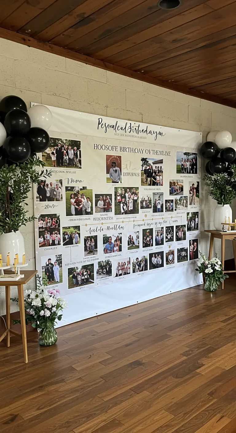 Grote witte backdrop met een tijdlijn van foto's, ballonnen en bloemen ernaast.