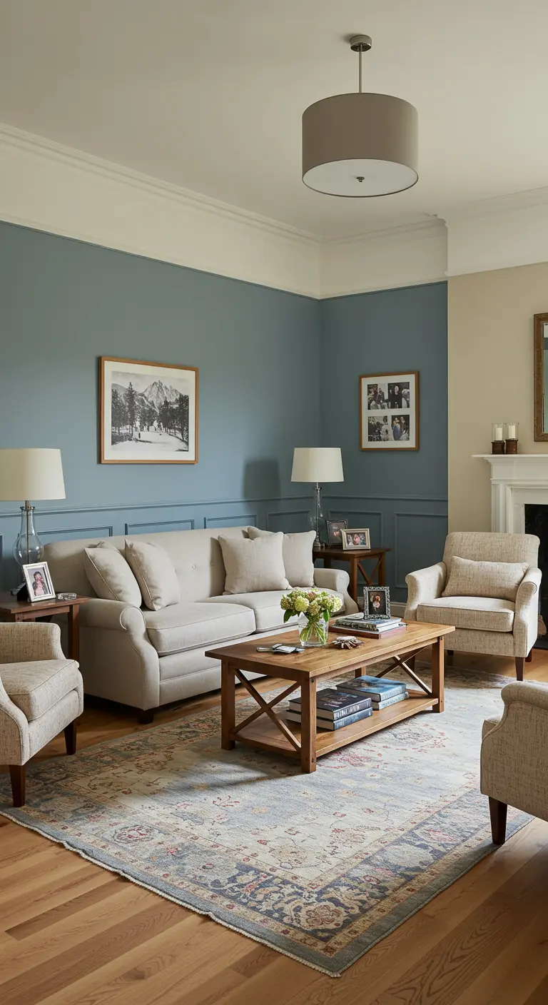 Klassiek-moderne woonkamer met blauwgrijze ondermuur en crèmekleurige bovenmuur.