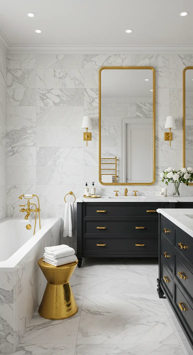 Zwart-witte badkamer met marmeren tegels, zwarte meubels en gouden accenten.