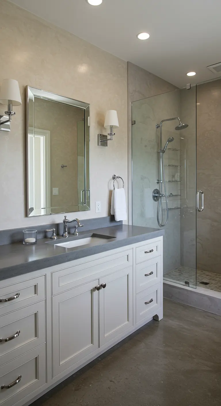 Badkamer met klassiek wit meubel, betonnen vloer en getextureerde douchewand.