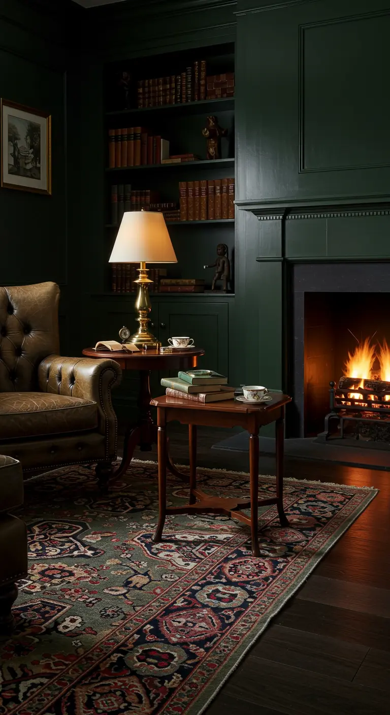 Twee klassieke donkerhouten bijzettafels naast een leren fauteuil bij een open haard.