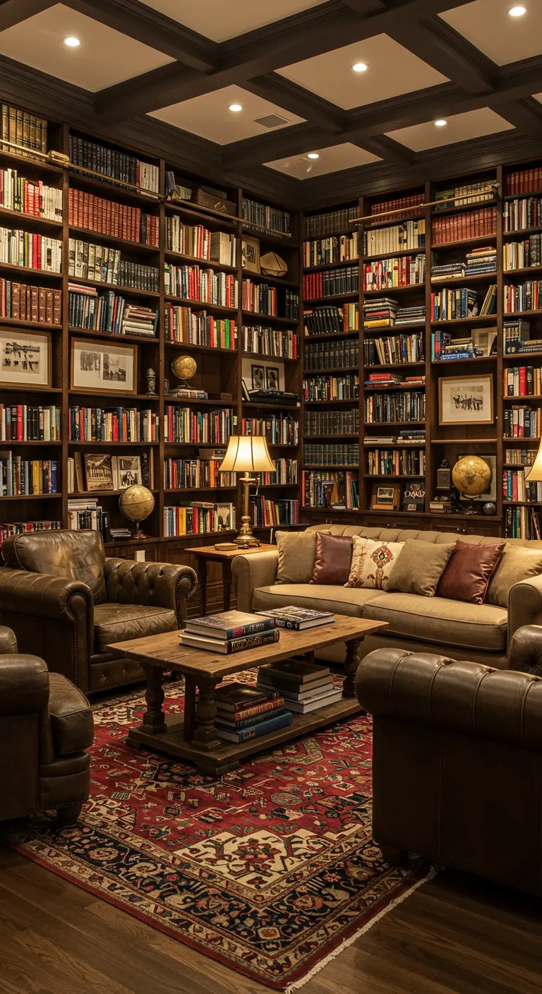 Traditionele bibliotheek woonkamer met donkerhouten boekenkasten en klassieke leren fauteuils.