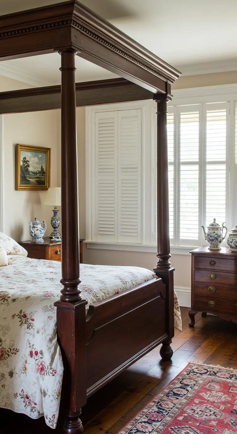 Klassieke slaapkamer met donkerhouten hemelbed, witte houten shutters en bloemenpatroon beddengoed.
