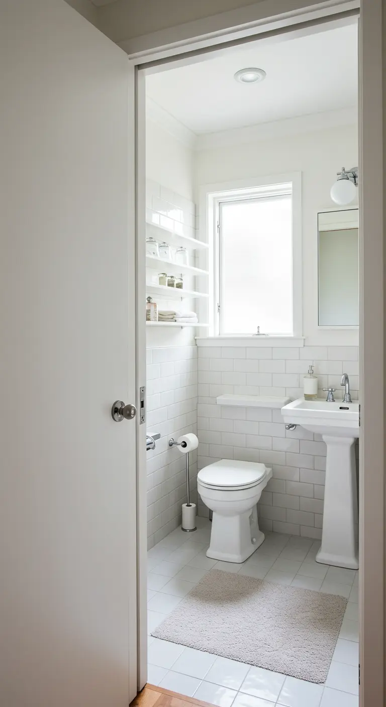 Witte, klassieke badkamer met metrotegels, voetstukwastafel en planken boven het toilet.